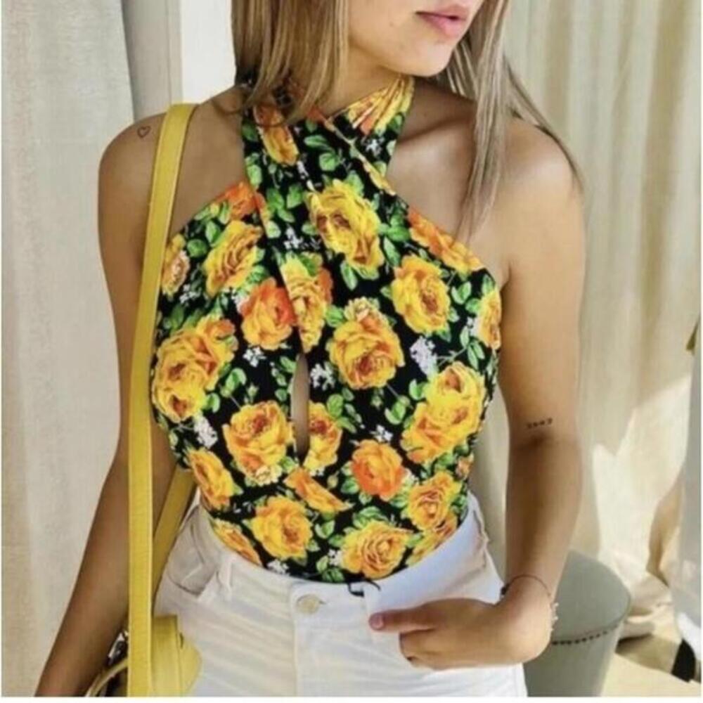 Zara Twist Neck Floral Halter Top Bodysuit Size Small . Roses. New Without Tag